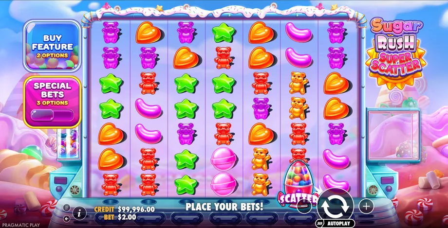 Sugar Rush Super Scatter base game with a gumball Scatter on the 7x7 candy grid