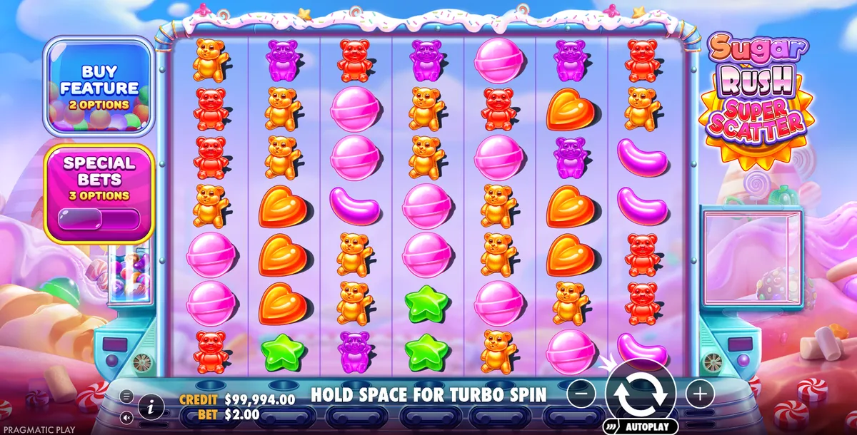Sugar Rush Super Scatter demo screen with the 7x7 candy grid ready to spin