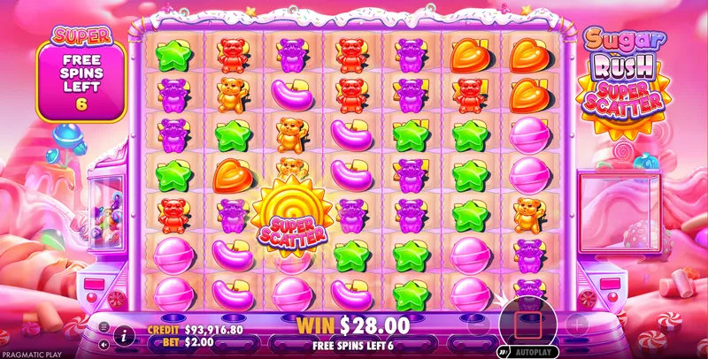 Sugar Rush Super Scatter Free Spins round with a Super Scatter landing on the marked grid
