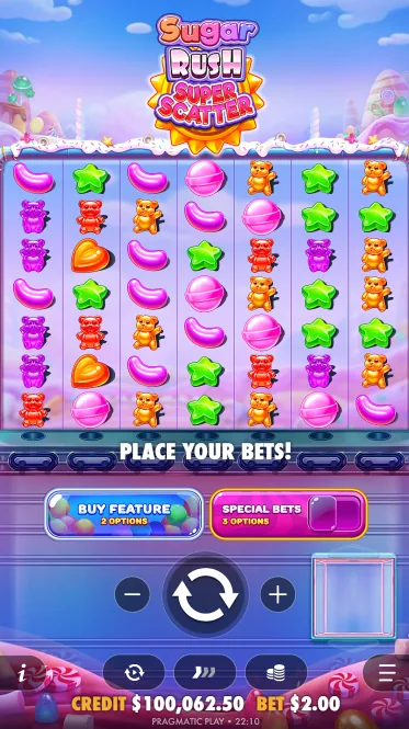 Sugar Rush Super Scatter in portrait mode on a phone with bet controls below the grid