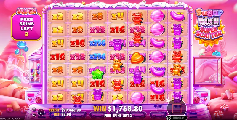 Sugar Rush Super Scatter grid covered in sticky multiplier spots from x2 up to x256