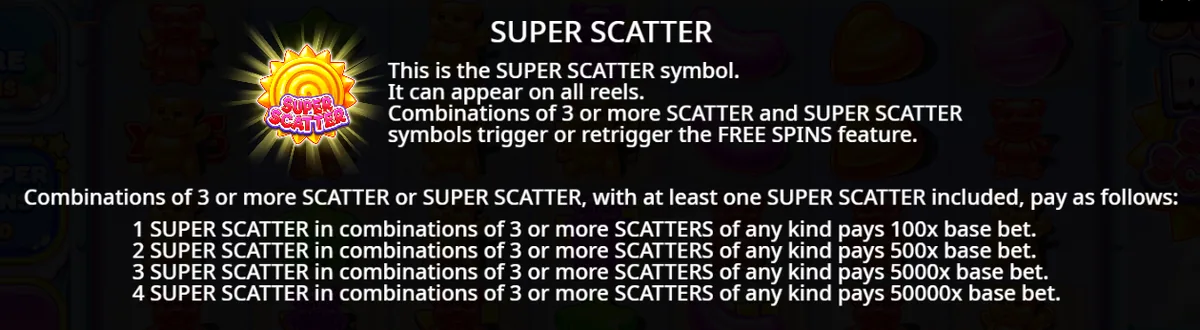 Sugar Rush Super Scatter rules screen listing instant prizes from 100x to 50000x