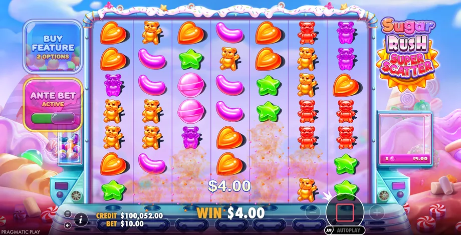 Sugar Rush Super Scatter tumble with winning candies bursting while Ante Bet is active